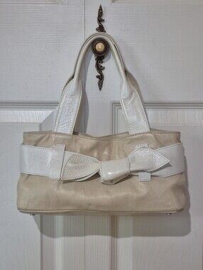 Roberta Gandolfi Cream Italian Leather Tote Handbag With White Bow